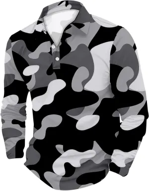 Mens Polo Shirts Camo Quarter Button Shirts Casual Classic Lightweight Long Sleeve Golf Collared Shirt Athletic Tops