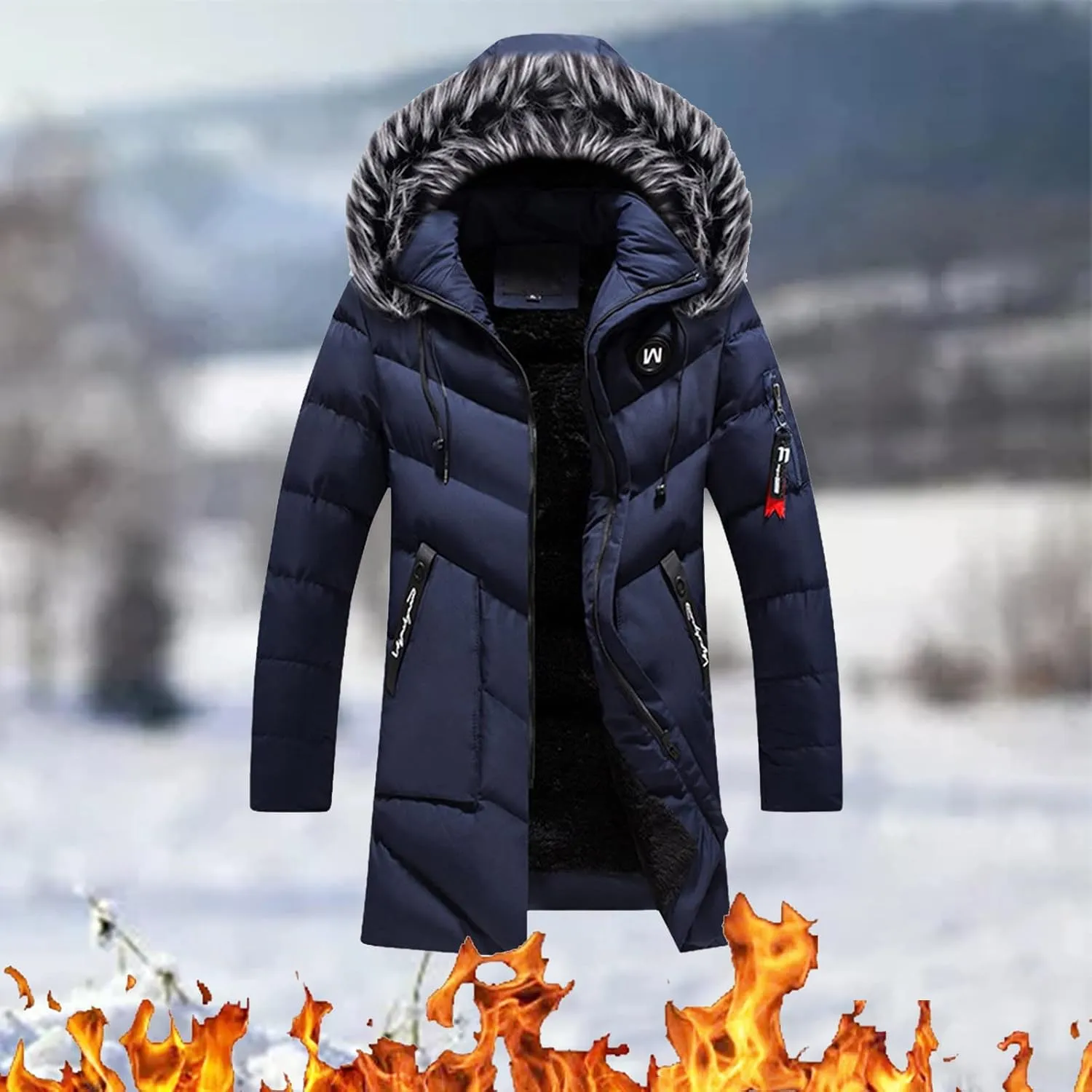 Mens Puffer Jacket, Sports Full Zip Long Sleeve Puffer Jackets Work Padded Jacket Thicken Hooded Down Jacket Men