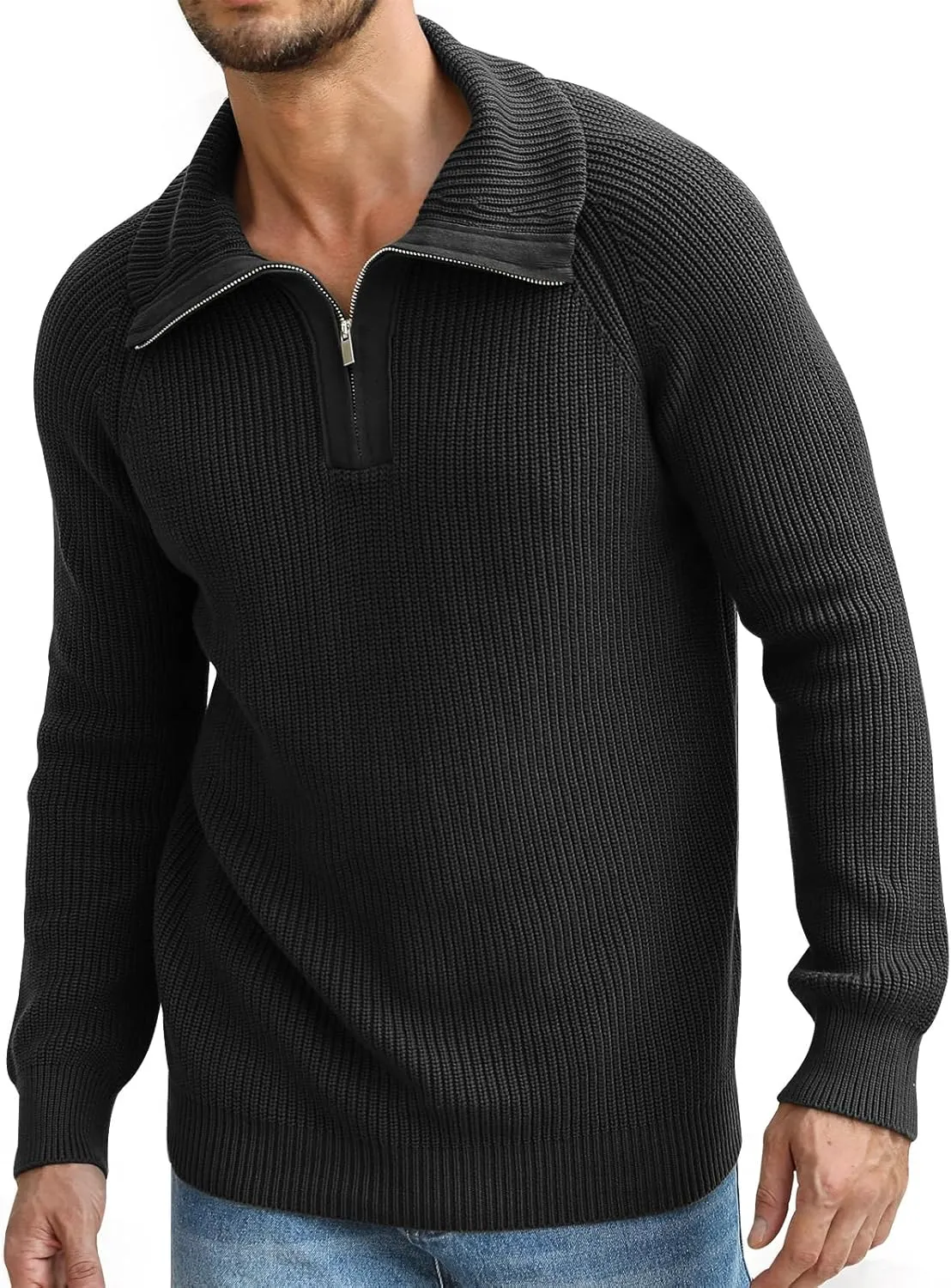 Men's Quarter-Zip Pullover Sweater Slim Fit Lightweight Sweaters Cable Knit Casual Polo Sweater Long Sleeve Sweaters
