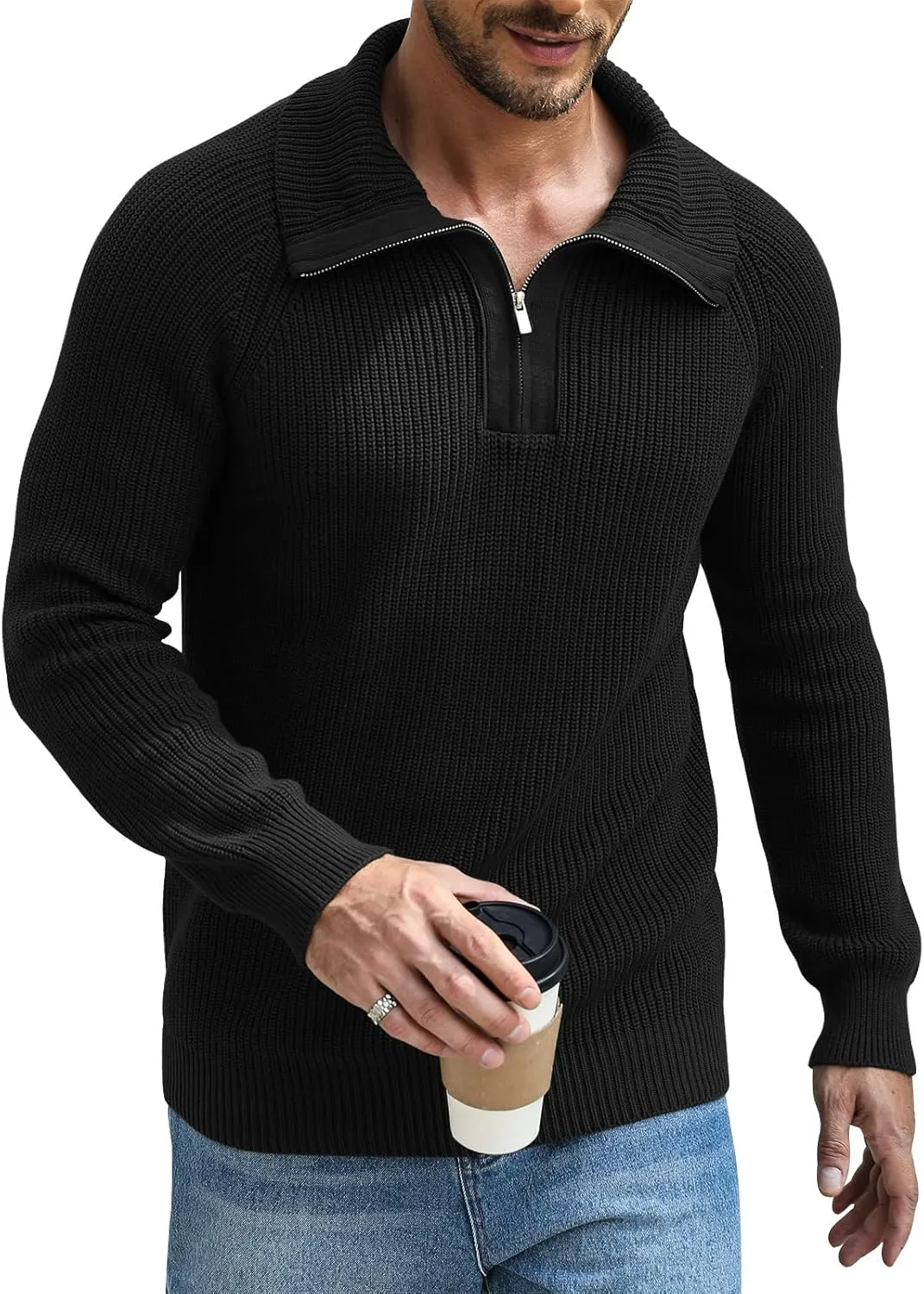 Men's Quarter-Zip Pullover Sweater Slim Fit Lightweight Sweaters Cable Knit Casual Polo Sweater Long Sleeve Sweaters