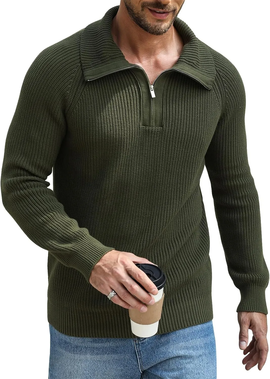 Men's Quarter-Zip Pullover Sweater Slim Fit Lightweight Sweaters Cable Knit Casual Polo Sweater Long Sleeve Sweaters