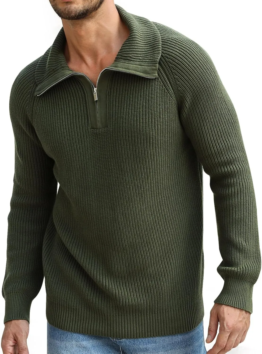 Men's Quarter-Zip Pullover Sweater Slim Fit Lightweight Sweaters Cable Knit Casual Polo Sweater Long Sleeve Sweaters