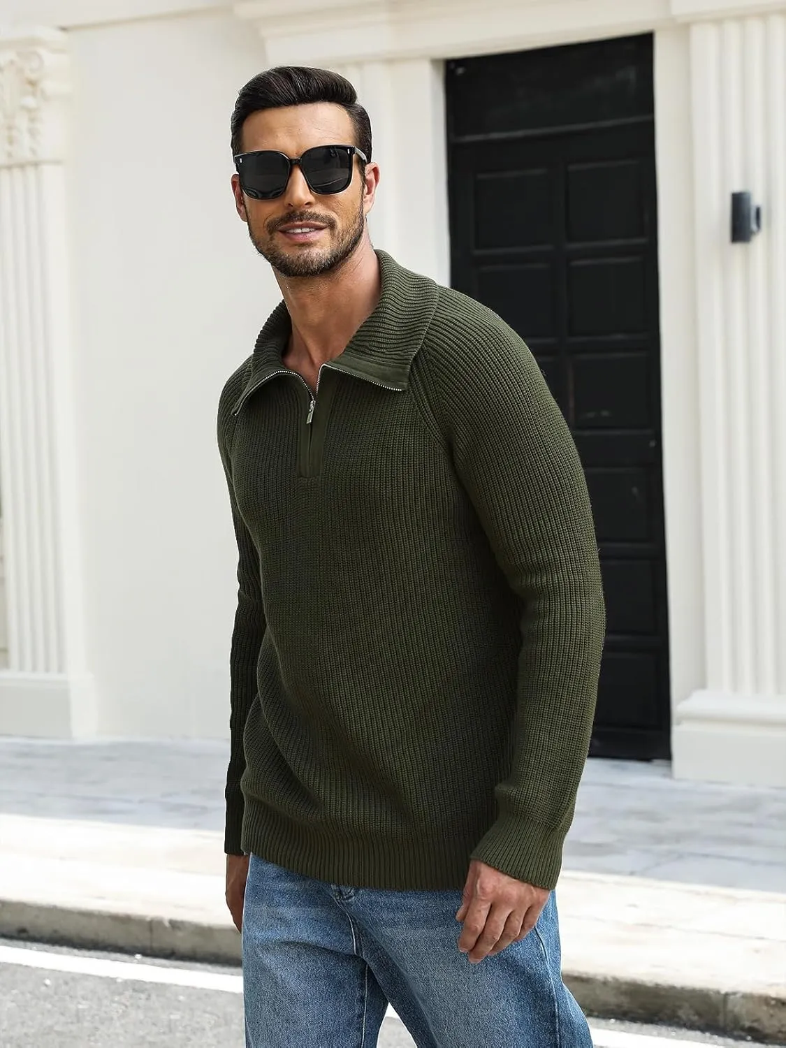 Men's Quarter-Zip Pullover Sweater Slim Fit Lightweight Sweaters Cable Knit Casual Polo Sweater Long Sleeve Sweaters