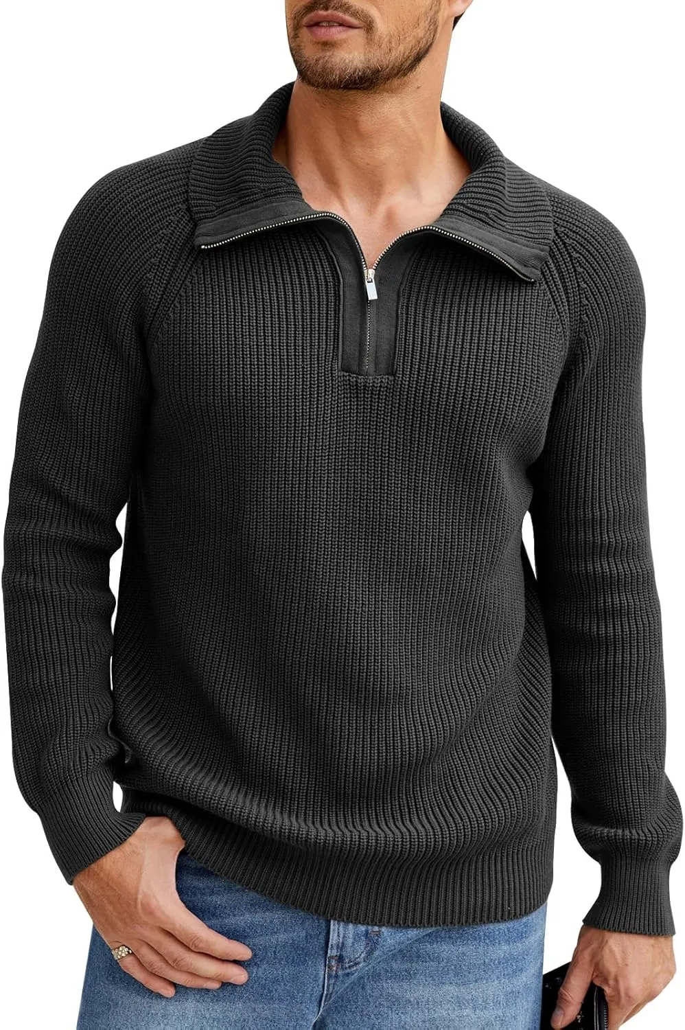Men's Quarter-Zip Pullover Sweater Slim Fit Lightweight Sweaters Cable Knit Casual Polo Sweater Long Sleeve Sweaters