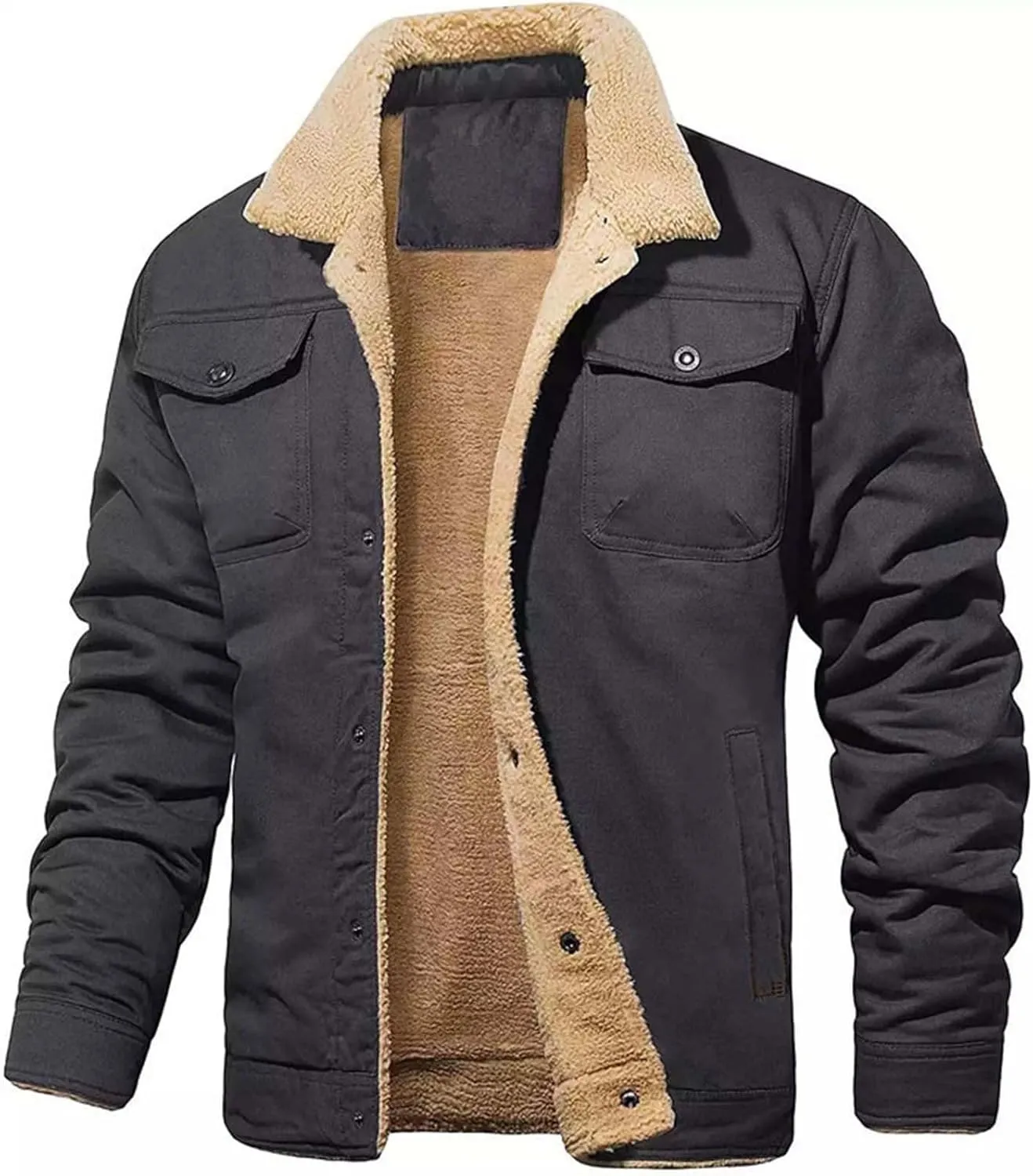 Mens Quilted Coats Sherpa Lined Trucker Jackets Washed Aviator Bomber Jacket Winter Thermal Fleece Utility Coat