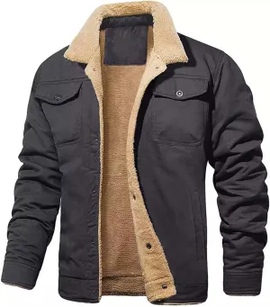 Mens Quilted Coats Sherpa Lined Trucker Jackets Washed Aviator Bomber Jacket Winter Thermal Fleece Utility Coat