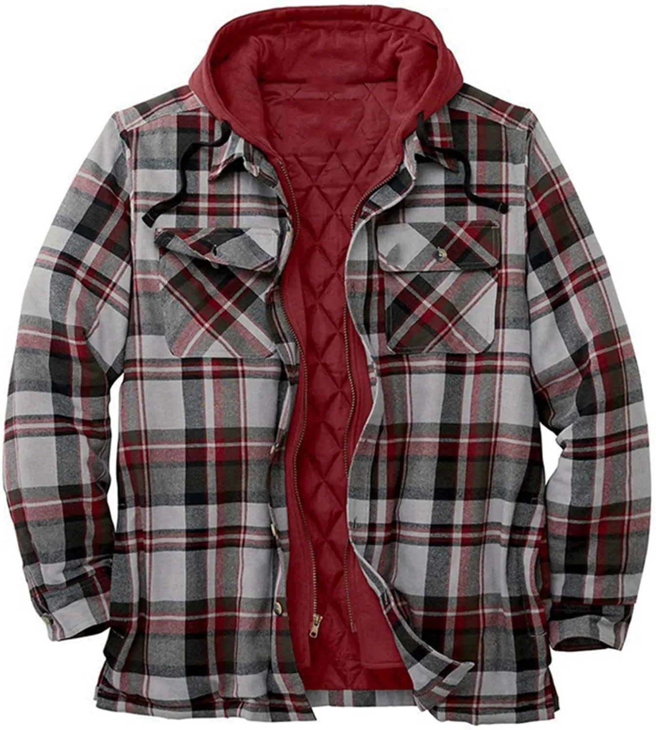 Mens Quilted Lined Flannel Hooded Shirt Jacket Winter Soft Warm Long Sleeve Zip Up Jackets Outdoor Plaid Velvet Coats