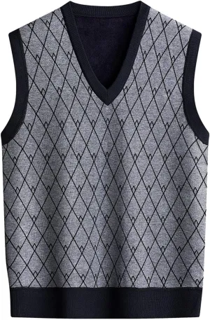 Men's Rhombus Pattern Pullover Sweater Vest Solid V Neck Pullover Sweaters Sleeveless Knitwear Slim Fit Undershirt