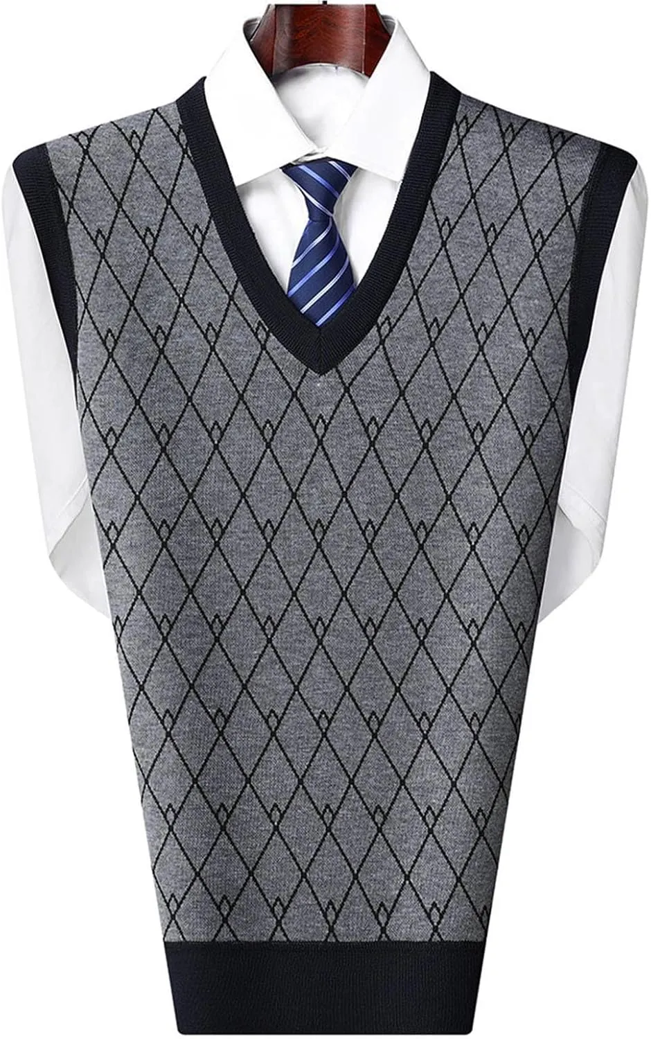 Men's Rhombus Pattern Pullover Sweater Vest Solid V Neck Pullover Sweaters Sleeveless Knitwear Slim Fit Undershirt
