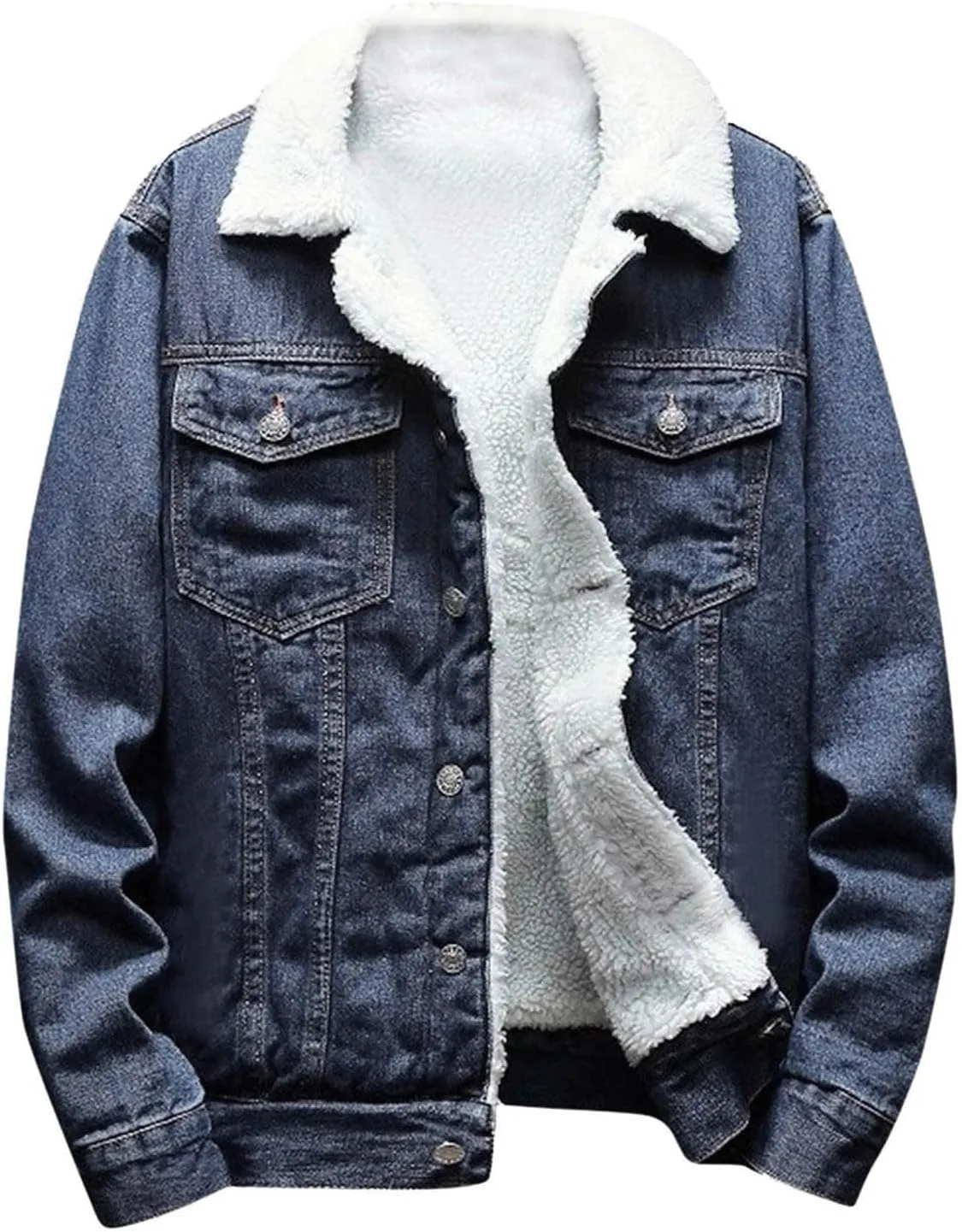 Mens Sherpa Fleece Jean Jacket Thicken Denim Trucker Jacket Lapel Neck Warm Fall Winter Coat with Pockets