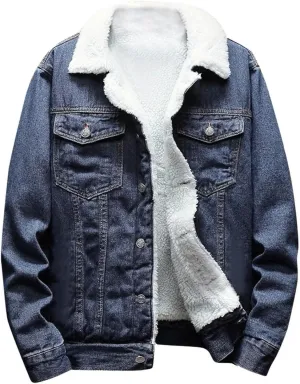 Mens Sherpa Fleece Jean Jacket Thicken Denim Trucker Jacket Lapel Neck Warm Fall Winter Coat with Pockets