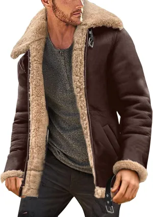 Mens Sherpa Fleece Lined Winter Coat Warm Suede Leather Outdoor Casual Faux Shearling Sheepskin Fur Collar Jackets,H1-Brown,XX-Small