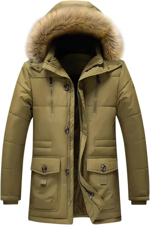 Men's Sherpa Lined Parka Jacket Winter Warm Down Puffer Coat with Fur Hood