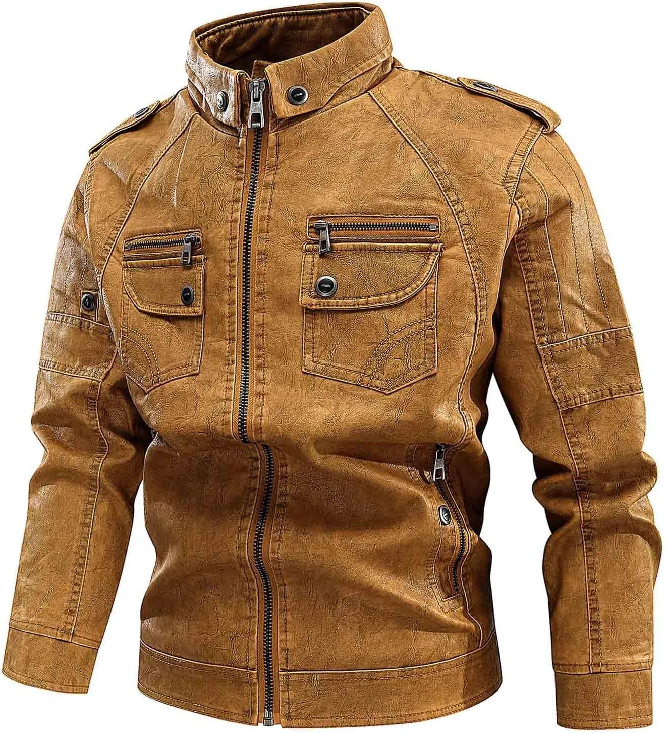 Mens Slim Fit Black Leather Jacket PU Leather Motorcycle Jacket Faux Leather Biker Jacket with Multi-Pockets