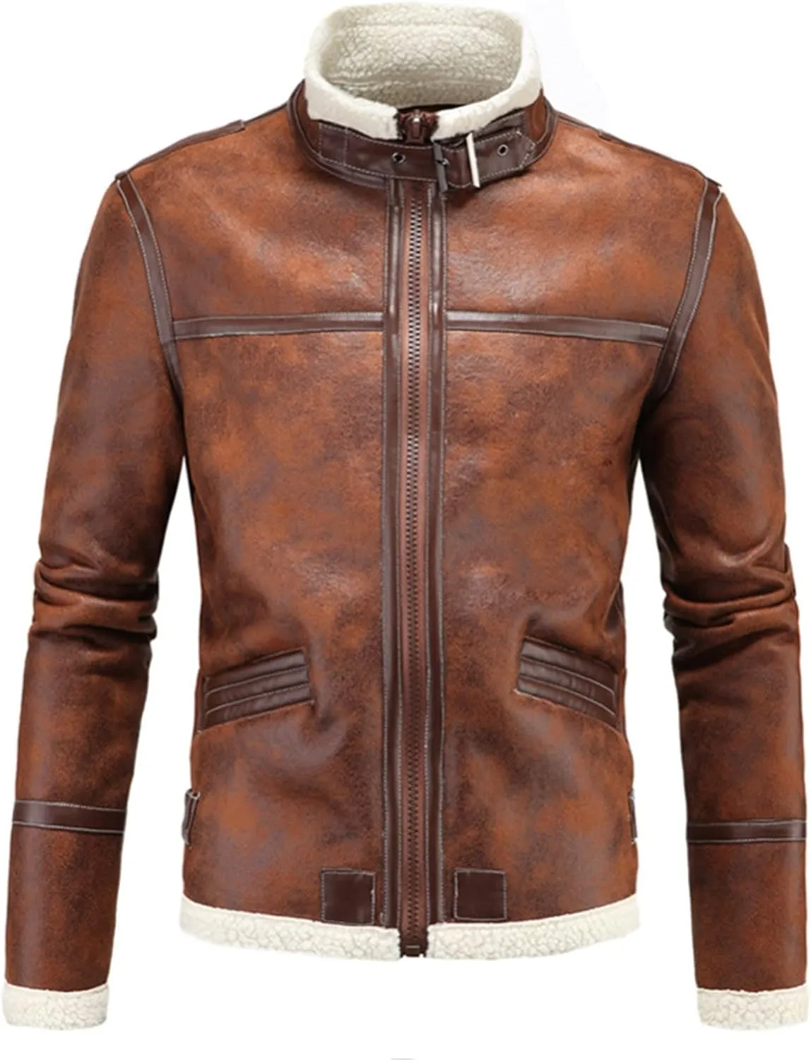 Mens Slim Fit Cropped Faux Leather Jacket Stand Collar PU Leather Coat Motorcycle Biker Jacket with Pockets
