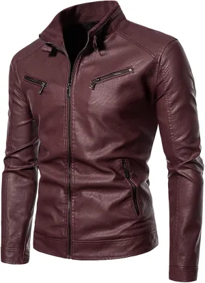 Mens Slim Fit Motorcycle Faux Leather Jacket Zip-Up Windbreaker Pu Leather Jackets Vintage Lightweight Biker Coat