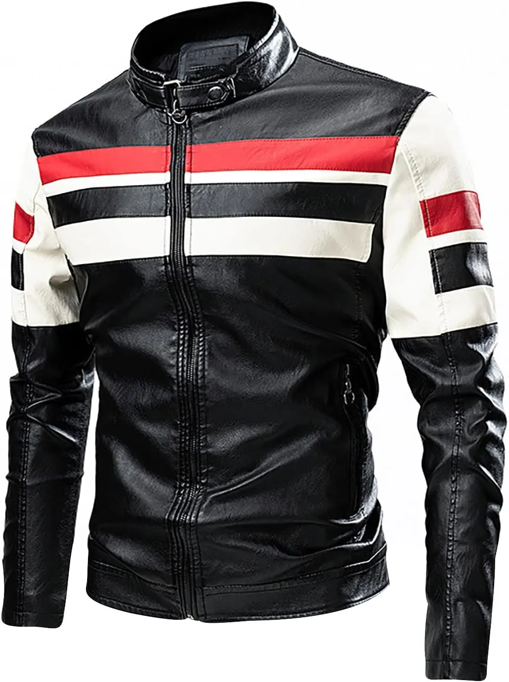 Men's Stand Collar Fleece Lined Bomber Faux Leather Jacket Motorcycle Leather Sherpa Jackets Casual Winter Warm Coat