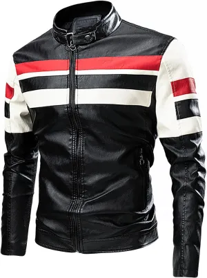 Men's Stand Collar Fleece Lined Bomber Faux Leather Jacket Motorcycle Leather Sherpa Jackets Casual Winter Warm Coat