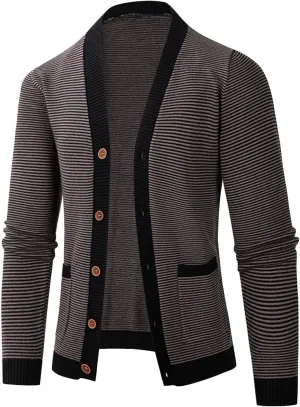 Mens Striped Cardigan Sweaters Long Sleeve V Neck Button Down Cardigans Lightweight Knitted Sweaters With Pockets