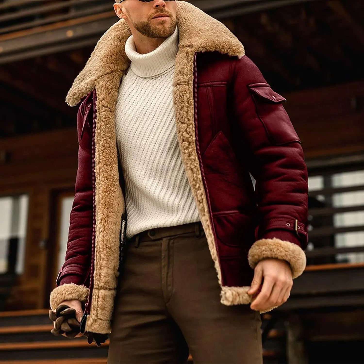 Mens Suede Sherpa Shearling Faux Fur Leather Coat Sherpa Lined Leather Jacket Winter Coat Fur Collar Jackets