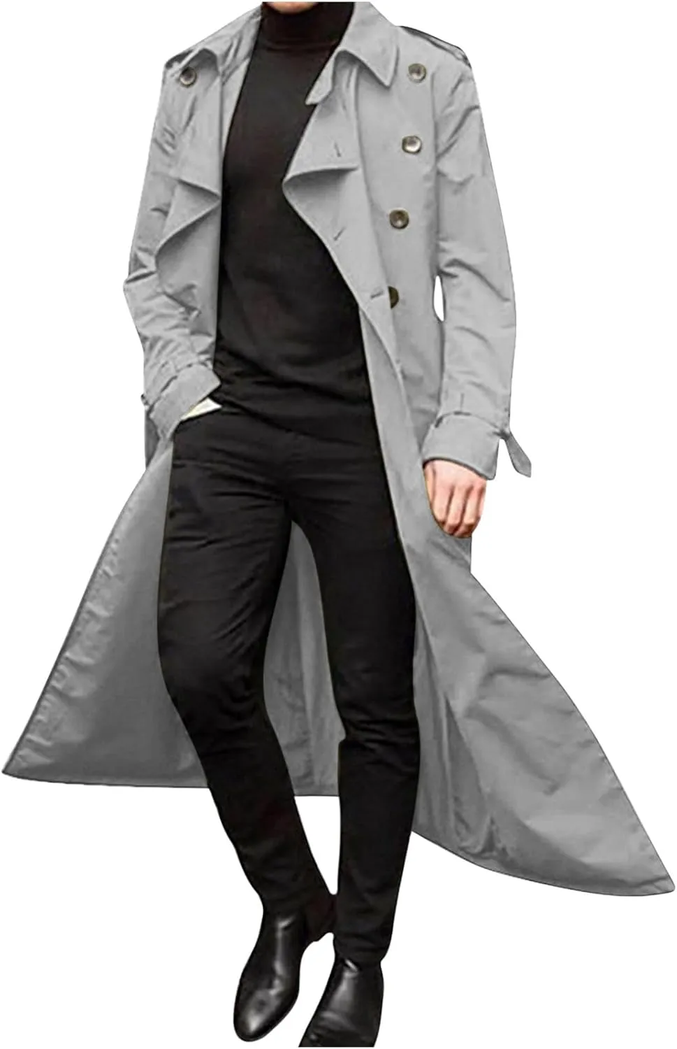 Men's Trench Coat Slim fit Double Breasted Belted Windbreaker Lapel Long Jacket Casual Simple Windproof Overcoat