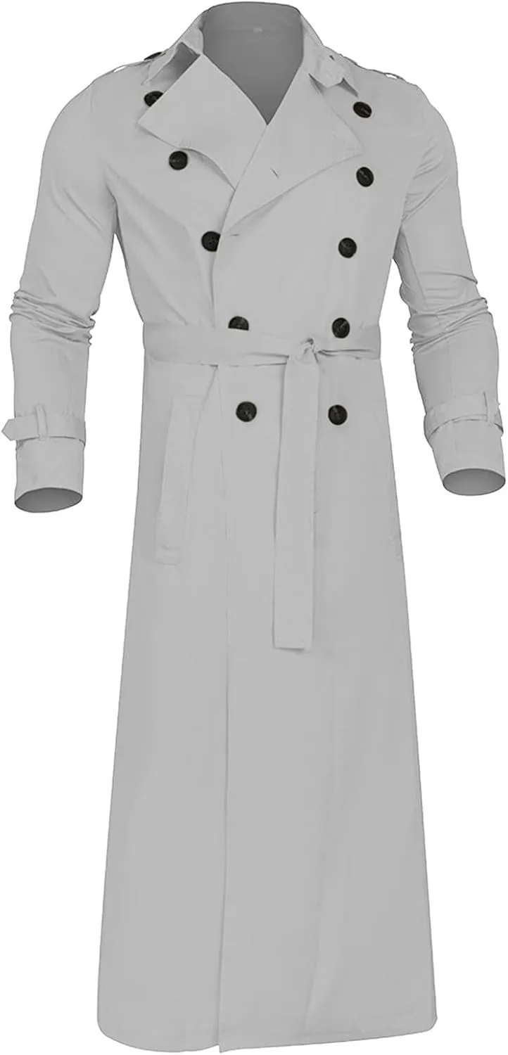 Men's Trench Coat Slim fit Double Breasted Belted Windbreaker Lapel Long Jacket Casual Simple Windproof Overcoat