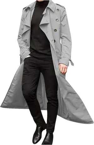 Men's Trench Coat Slim fit Double Breasted Belted Windbreaker Lapel Long Jacket Casual Simple Windproof Overcoat