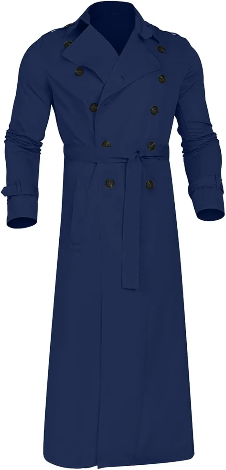 Men's Trench Coat Slim fit Double Breasted Belted Windbreaker Lapel Long Jacket Casual Simple Windproof Overcoat
