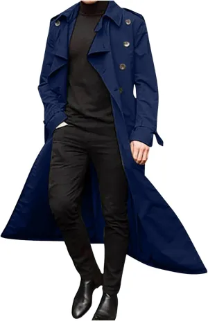 Men's Trench Coat Slim fit Double Breasted Belted Windbreaker Lapel Long Jacket Casual Simple Windproof Overcoat