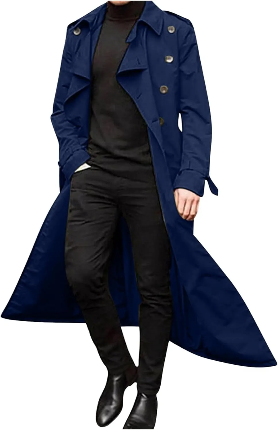 Men's Trench Coat Slim fit Double Breasted Belted Windbreaker Lapel Long Jacket Casual Simple Windproof Overcoat