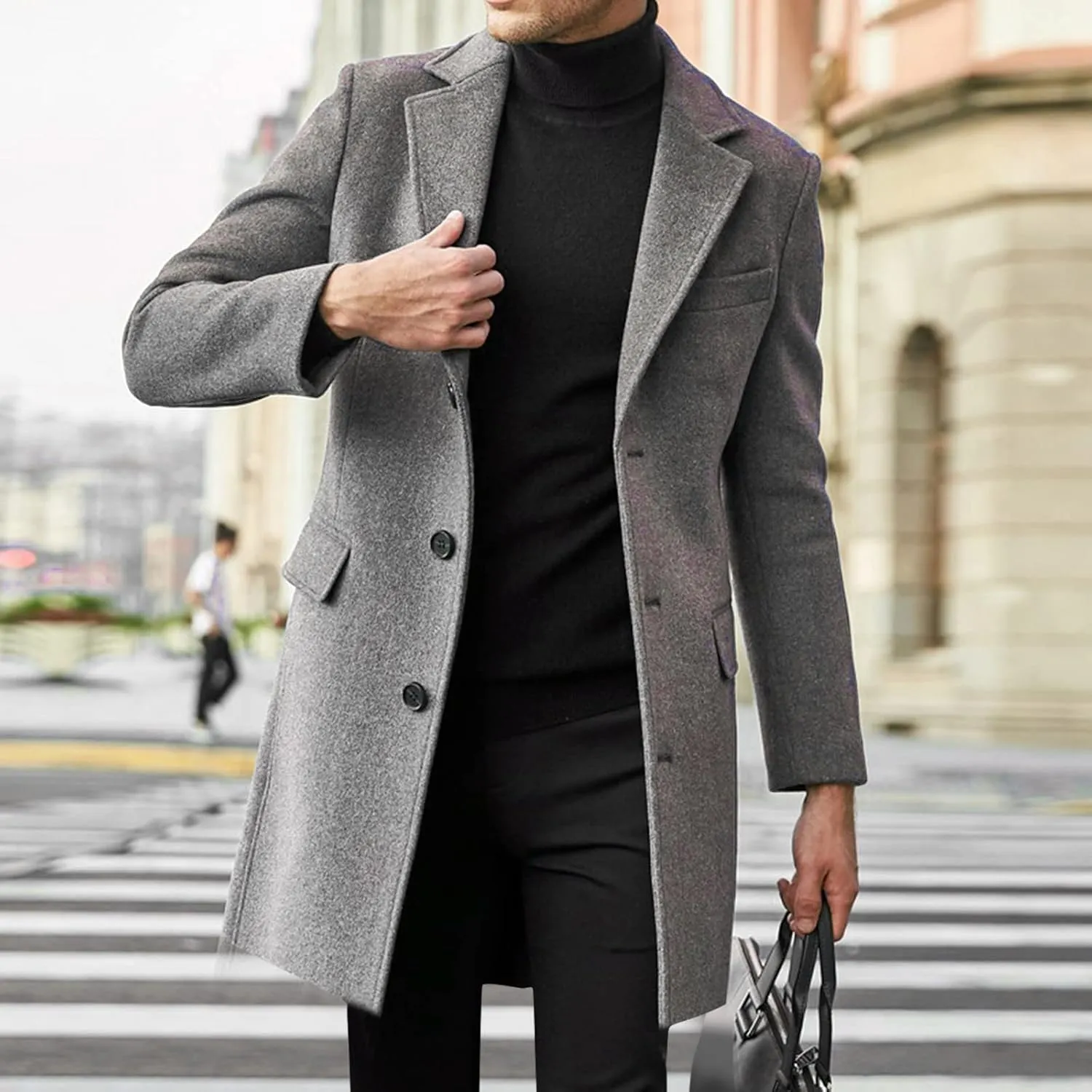 Mens Trench Coat Slim Fit Notch Lapel Single Breasted Business Casual Long Peacoat Fall Winter Windproof Overcoat