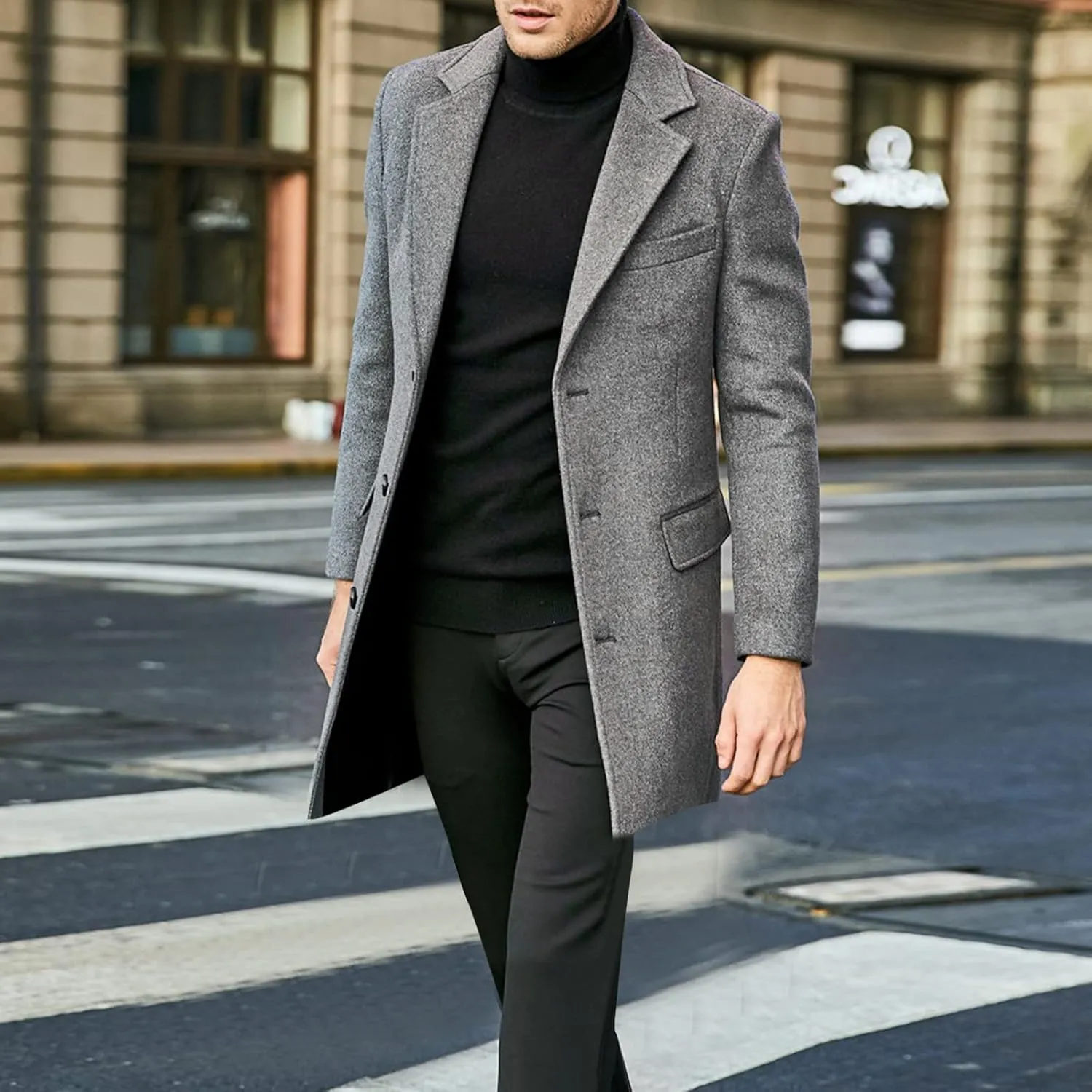 Mens Trench Coat Slim Fit Notch Lapel Single Breasted Business Casual Long Peacoat Fall Winter Windproof Overcoat
