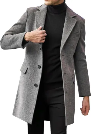 Mens Trench Coat Slim Fit Notch Lapel Single Breasted Business Casual Long Peacoat Fall Winter Windproof Overcoat