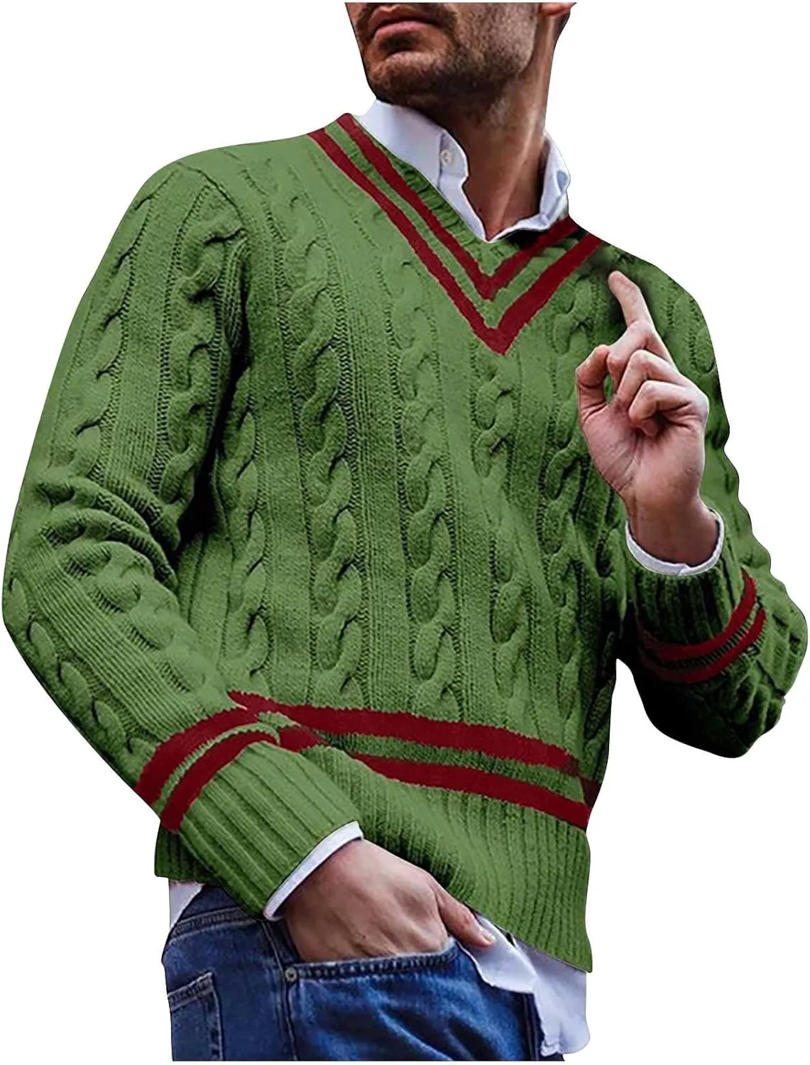 Men's V-Neck Sweaters Long Sleeved Color Patchwork Cable Knitted Sweaters Slim Fit Lightweight Casual Pullover Tops