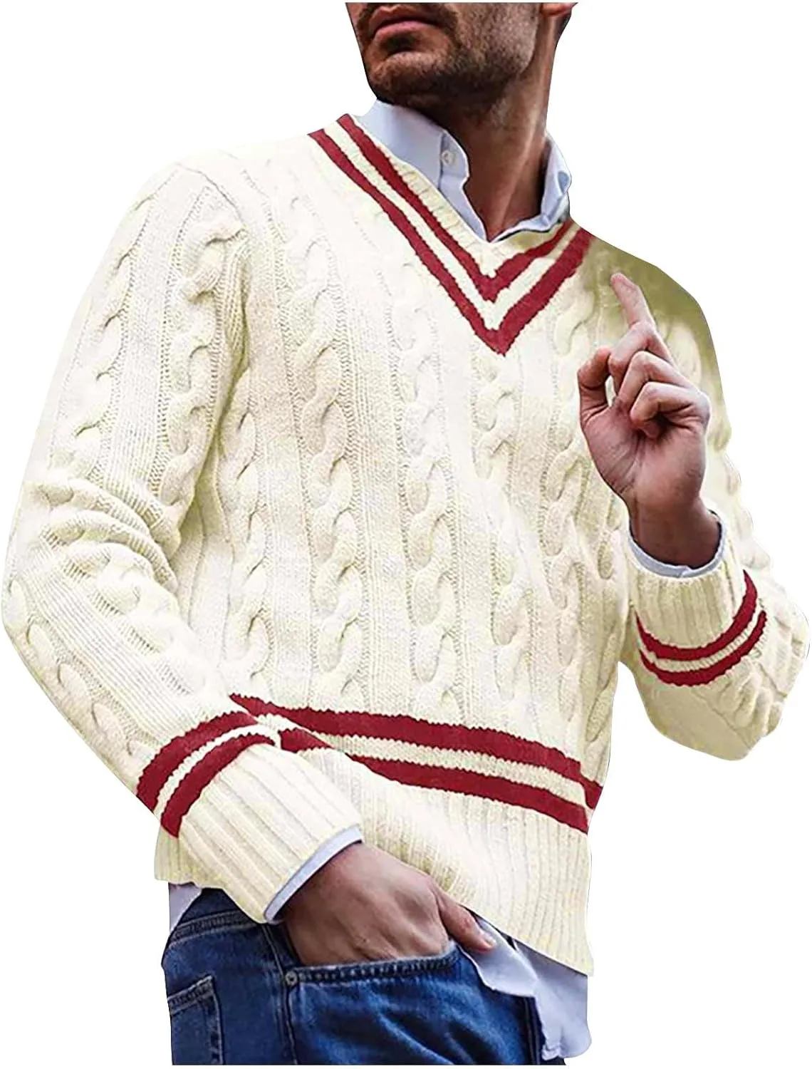 Men's V-Neck Sweaters Long Sleeved Color Patchwork Cable Knitted Sweaters Slim Fit Lightweight Casual Pullover Tops