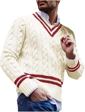 Men's V-Neck Sweaters Long Sleeved Color Patchwork Cable Knitted Sweaters Slim Fit Lightweight Casual Pullover Tops