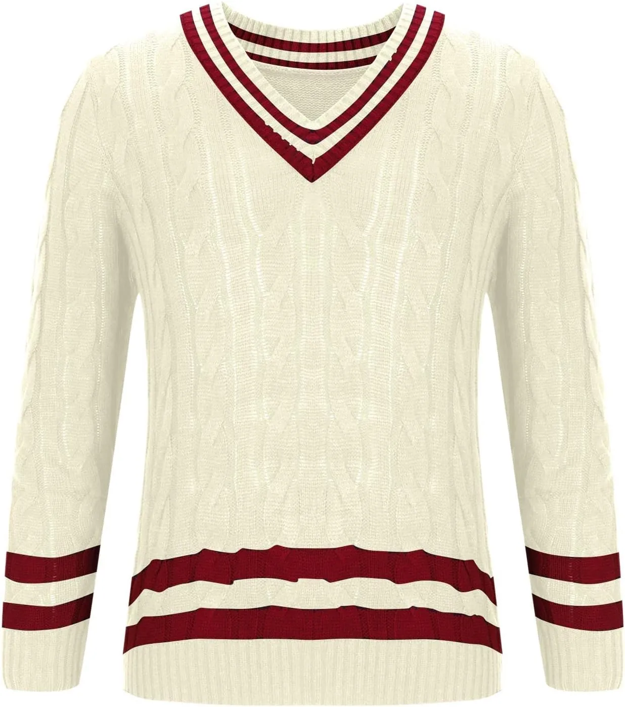 Men's V-Neck Sweaters Long Sleeved Color Patchwork Cable Knitted Sweaters Slim Fit Lightweight Casual Pullover Tops