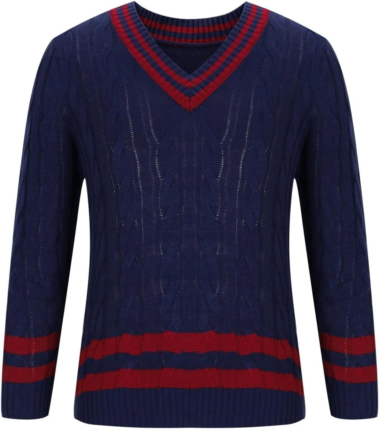 Men's V-Neck Sweaters Long Sleeved Color Patchwork Cable Knitted Sweaters Slim Fit Lightweight Casual Pullover Tops
