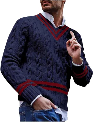 Men's V-Neck Sweaters Long Sleeved Color Patchwork Cable Knitted Sweaters Slim Fit Lightweight Casual Pullover Tops