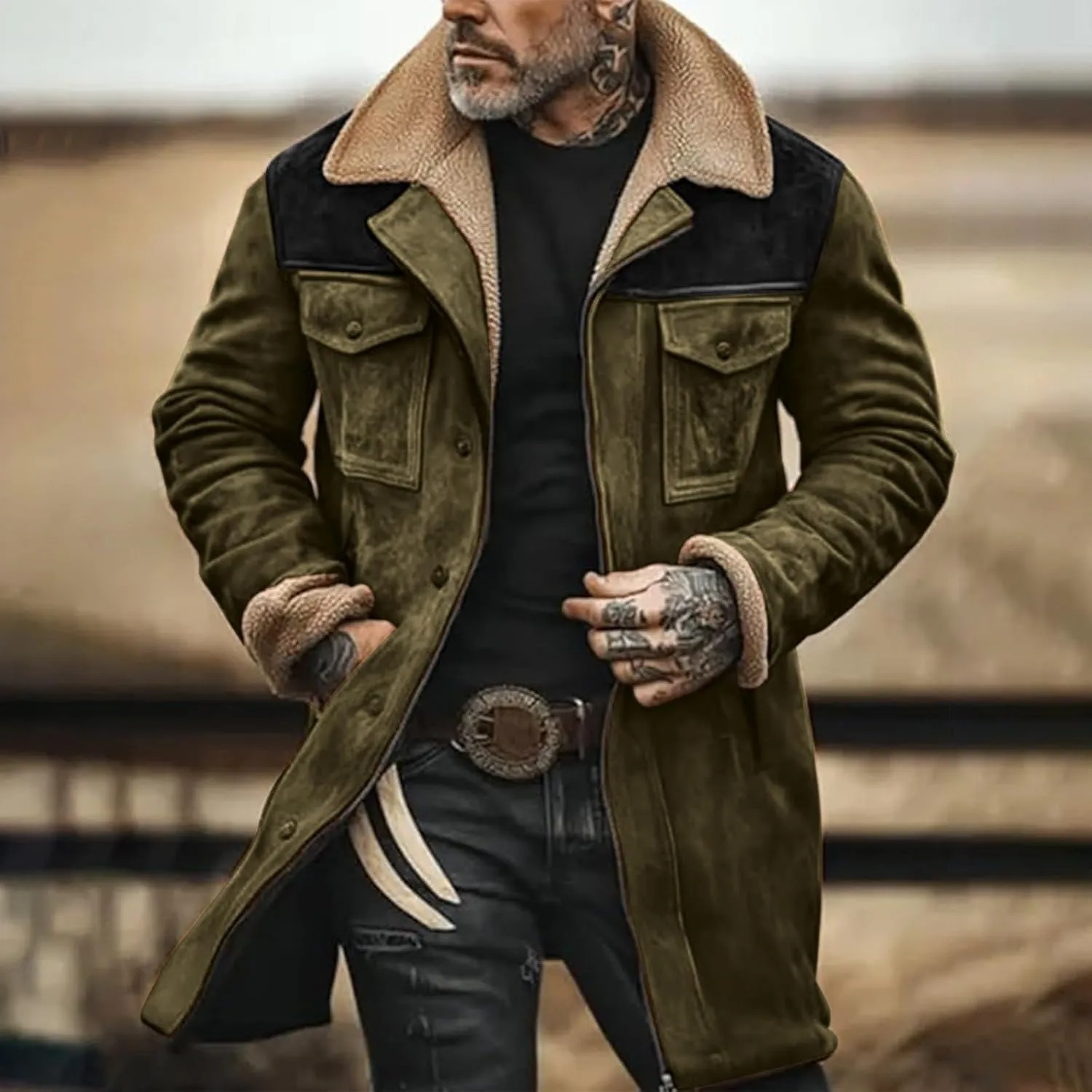 Mens Velvet Thickened Double Pocket Western Cow 3D Printed Hooded Brown Warm Cotton Jacket