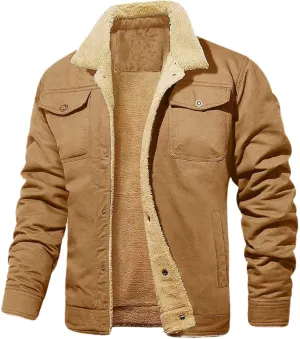 Mens Winter Jacket Thick Thermal Sherpa Coats Warm Fleece Lined Coat Trucker Lapel Military Work Cargo Jackets for Men