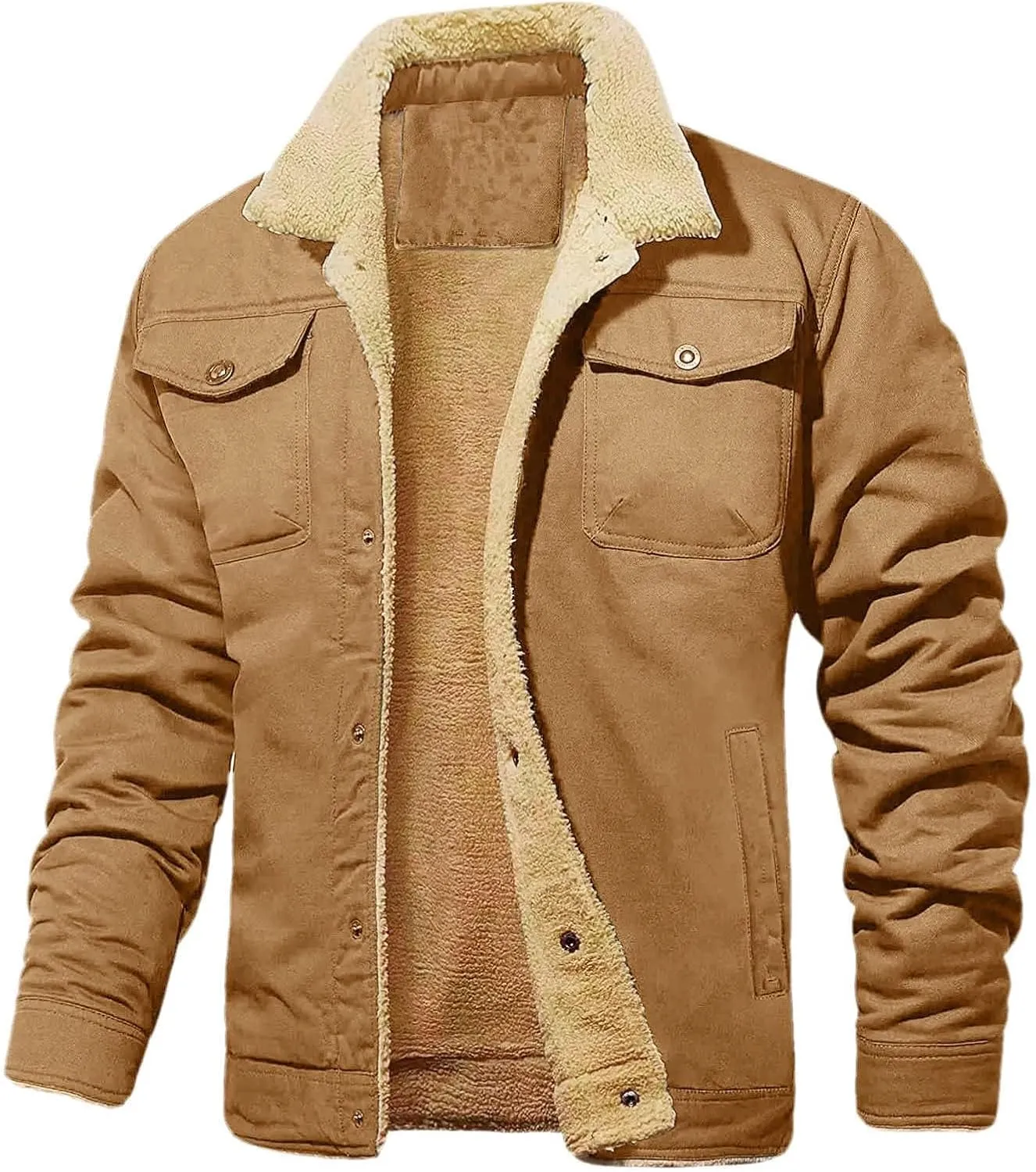 Mens Winter Jacket Thick Thermal Sherpa Coats Warm Fleece Lined Coat Trucker Lapel Military Work Cargo Jackets for Men