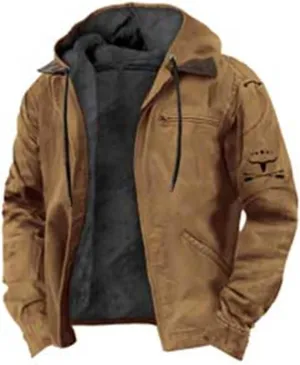 Men's Winter Jacket Warm Wool Lined Coat Padded Thickened Hooded Top Classic Solid Color Zipper Sweatshirt for Men