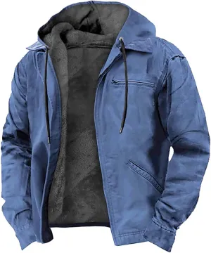 Men's Winter Jacket Warm Wool Lined Coat Padded Thickened Hooded Top Classic Solid Color Zipper Sweatshirt for Men