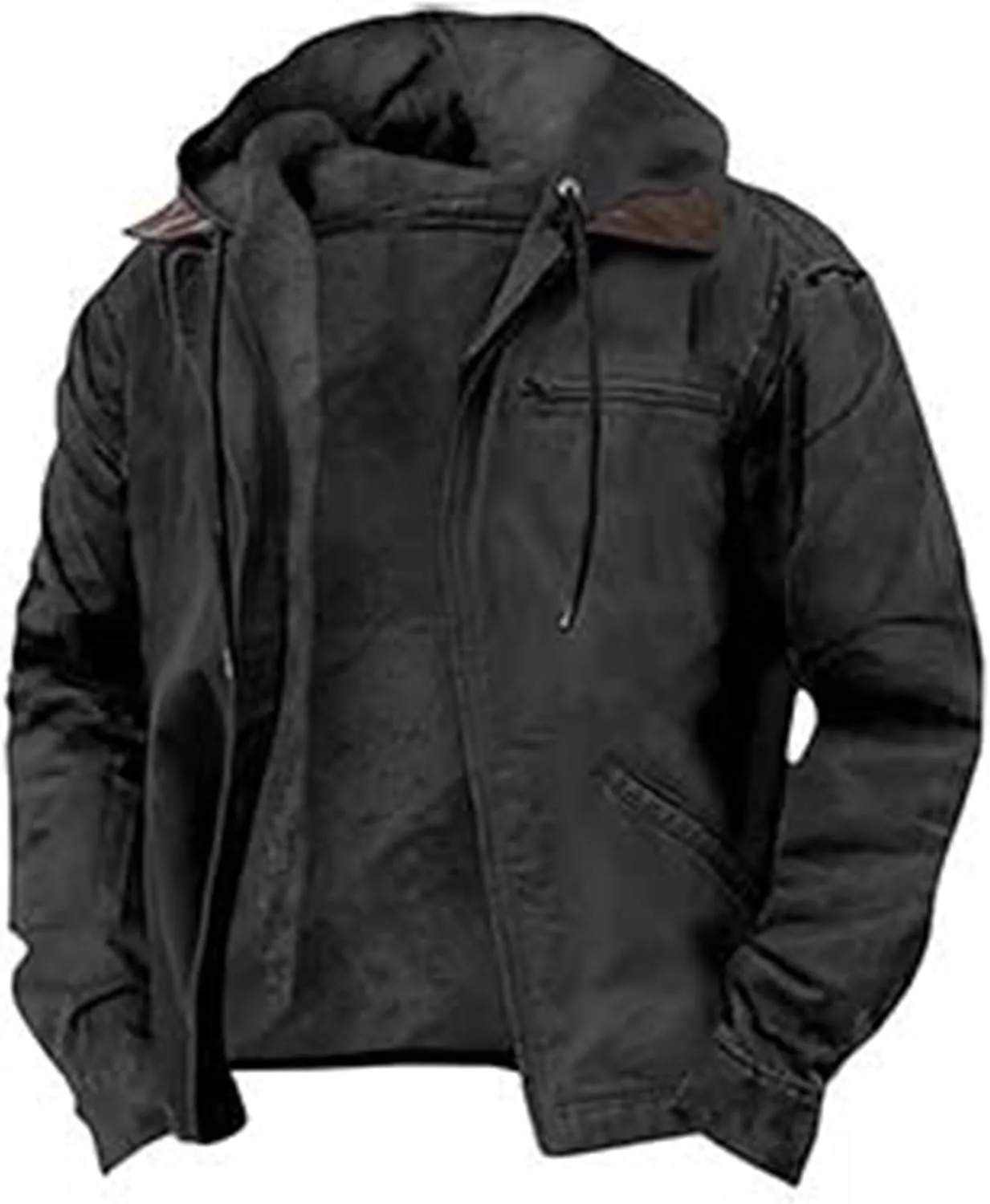 Men's Winter Jacket Warm Wool Lined Coat Padded Thickened Hooded Top Classic Solid Color Zipper Sweatshirt for Men