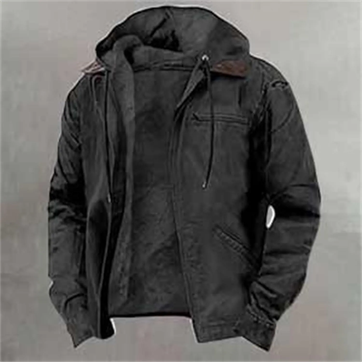 Men's Winter Jacket Warm Wool Lined Coat Padded Thickened Hooded Top Classic Solid Color Zipper Sweatshirt for Men