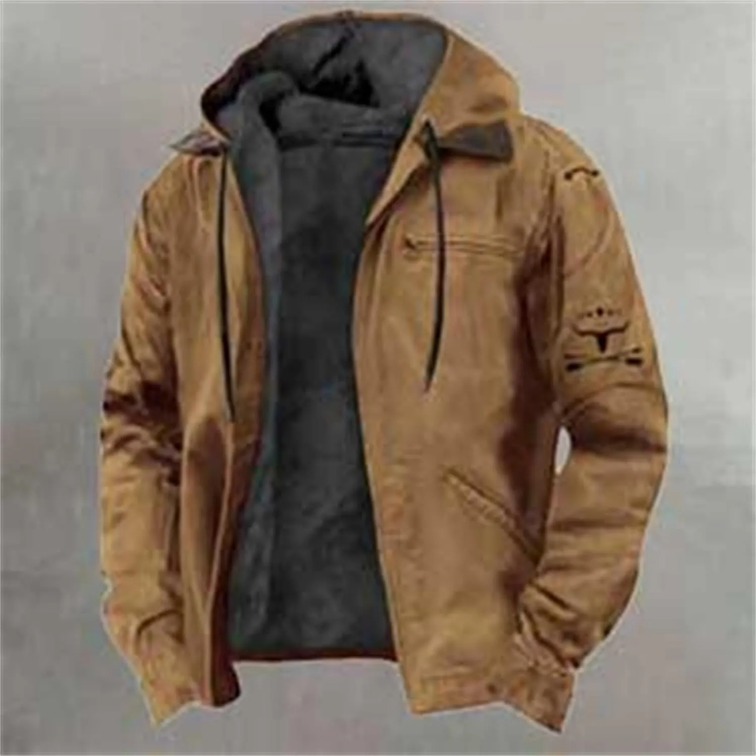 Men's Winter Jacket Warm Wool Lined Coat Padded Thickened Hooded Top Classic Solid Color Zipper Sweatshirt for Men