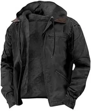 Men's Winter Jacket Warm Wool Lined Coat Padded Thickened Hooded Top Classic Solid Color Zipper Sweatshirt for Men
