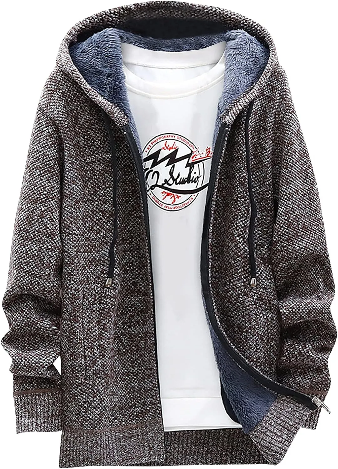 Men's Winter Sherpa Lined Hoodie Jackets Full Zip Up Sweater Knit Cardigan Warm Fleece Coats, M-3XL