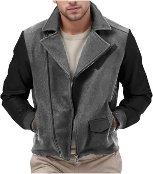 Mens Wool Blend Faux Suede Jacket Slim Fit Zip Up Casual PU Leather Patchwork Motorcycle Biker Coat for Fall Winter